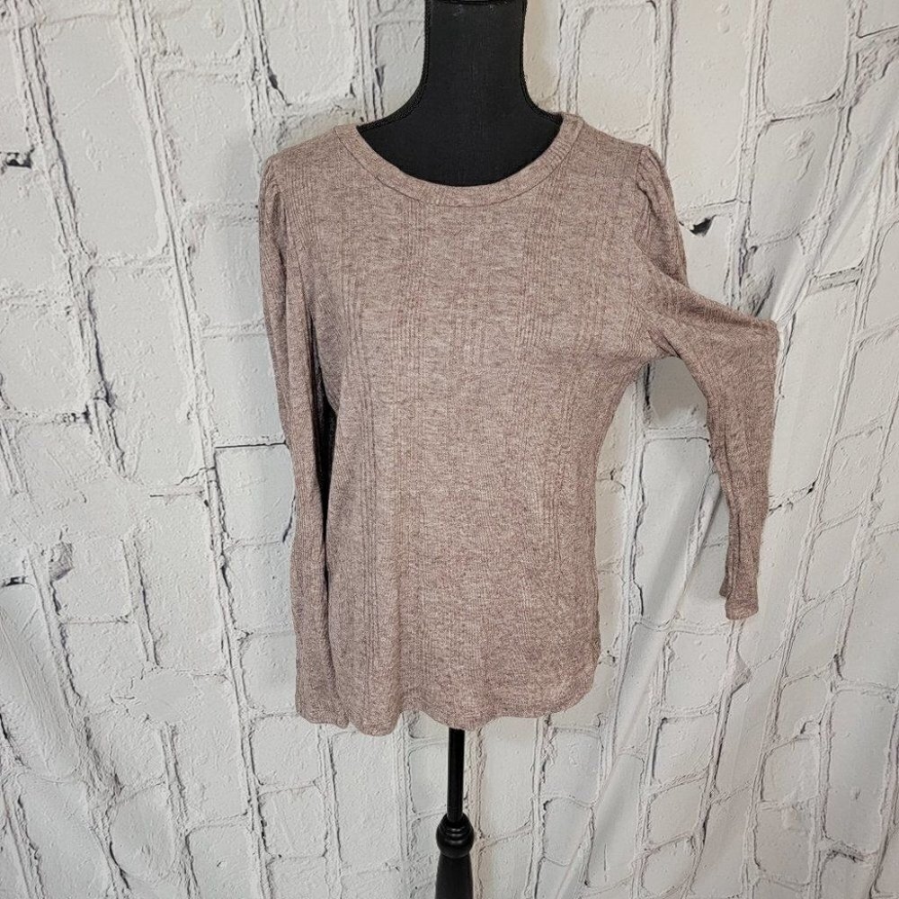 BEIGE Soft Ribbed Long Sleeve Puff Shoulder Scoop Neck Business Casual Blouse L